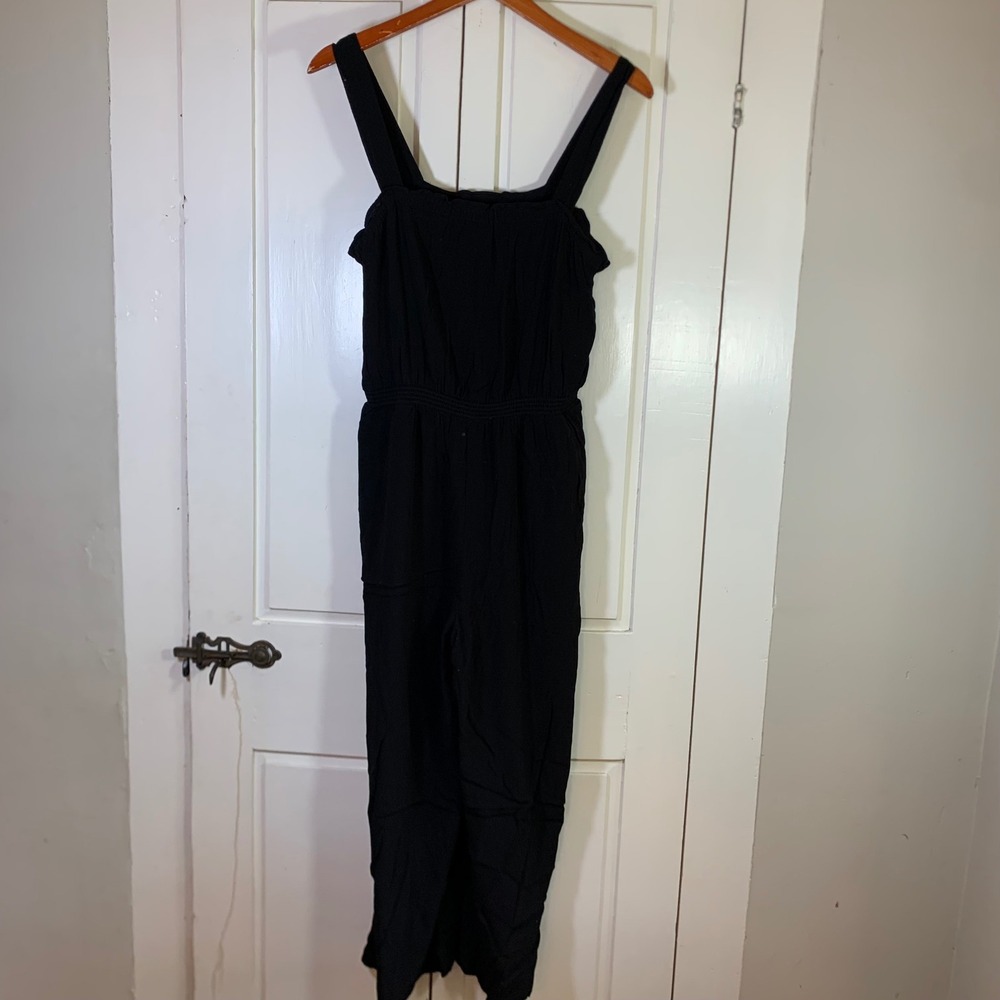 Madewell Women Black Sleeveless Smocked Waist Wide Leg Jumpsuit Size 12 Pockets